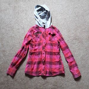 Rusty Pink Plaid Hooded Flannel Button Down Shirt - Size S